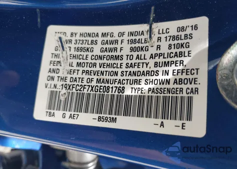 2016 Honda Civic Ex из США, поврежденный, VIN 19XFC2F7XGE081768